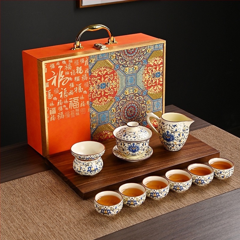 Set de ceai în stil chinezesc, cultural și creativ, set complet ceramic Ru kiln bej ceainic Gongfu, cadou de afaceri