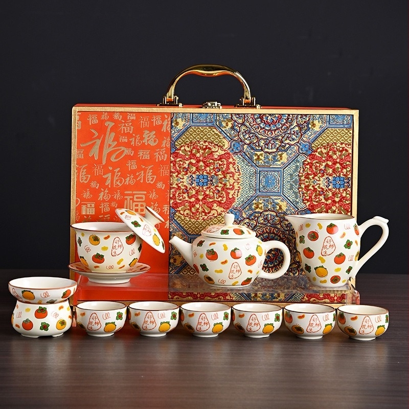 Set de ceai în stil chinezesc, cultural și creativ, set complet ceramic Ru kiln bej ceainic Gongfu, cadou de afaceri