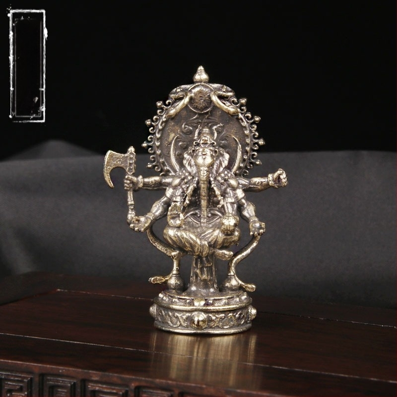 Ganesha cu șase brațe din alamă, ornament de birou, figură din cupru, piesă de colecție cu inspirație antic