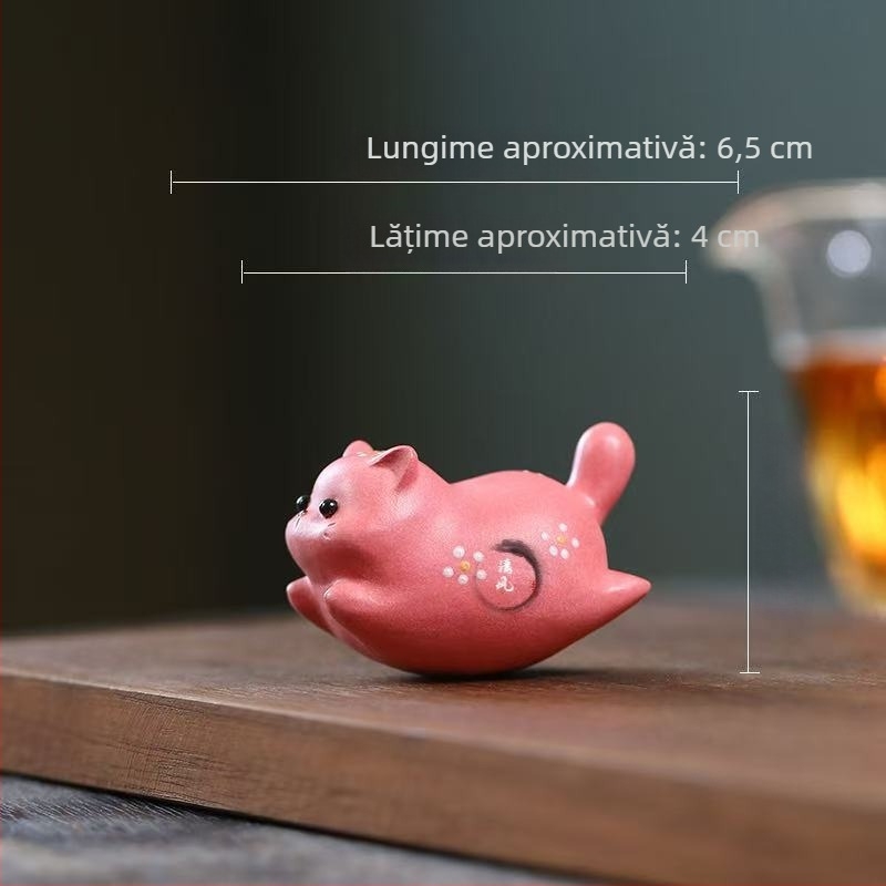 Animal de ceai din lut purpuriu Yixing — Pisicuță mică cu capac, figurină drăguță pentru accesorii de ceai și decorul mesei.