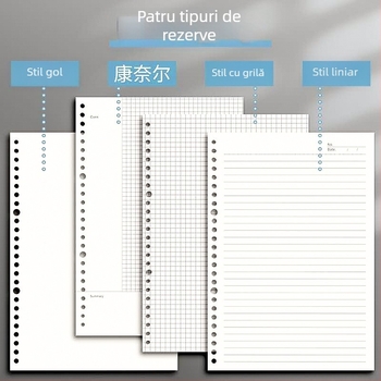 Carnet B5 cu pagini în grilă și goale, copertă transparentă, nucleu înlocuibil, 60 de foi, 26 găuri