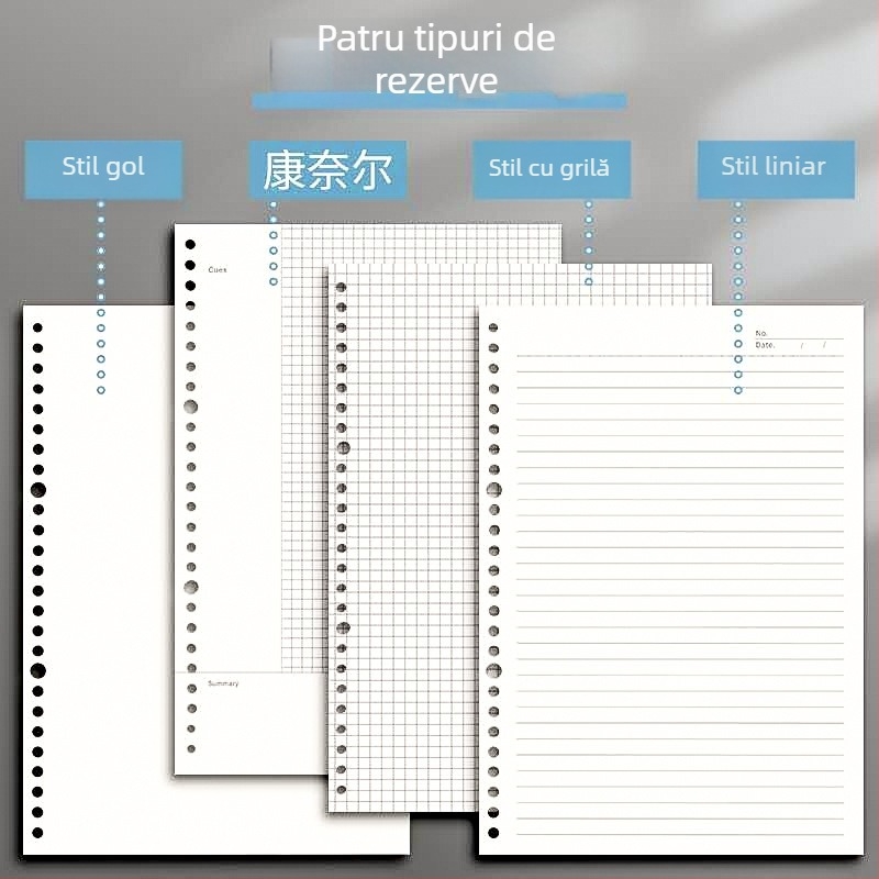 Carnet B5 cu pagini în grilă și goale, copertă transparentă, nucleu înlocuibil, 60 de foi, 26 găuri