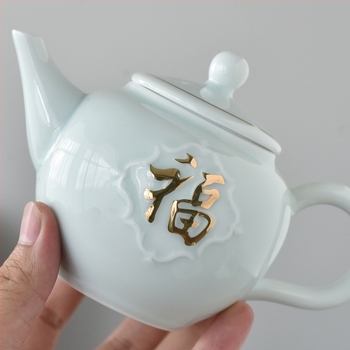 Set de ceai Gongfu cu simbol Fu auriu pe porțelan alb celadon, design modern minimalist, pentru 6 persoane, set cadou