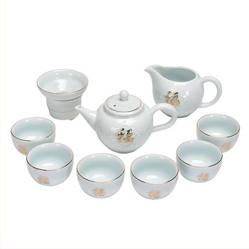 Set de ceai Gongfu cu simbol Fu auriu pe porțelan alb celadon, design modern minimalist, pentru 6 persoane, set cadou