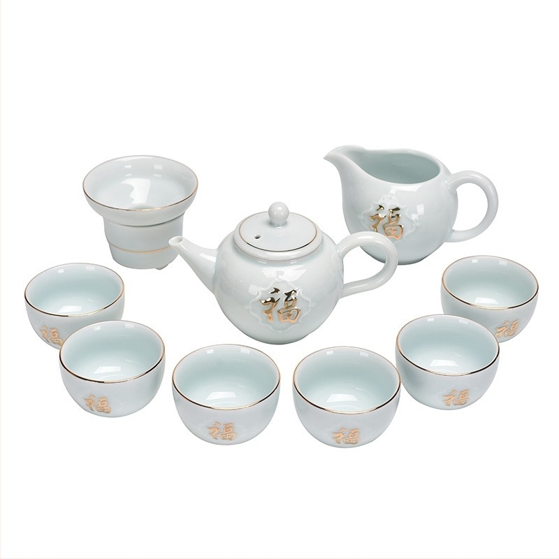 Set de ceai Gongfu cu simbol Fu auriu pe porțelan alb celadon, design modern minimalist, pentru 6 persoane, set cadou