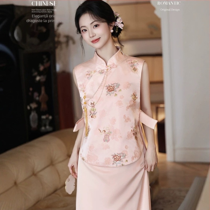 Rochie de logodnă în stil chinezesc, broderie roză, rochie pentru toast-ul miresei, robă de dimineață, set de nuntă cu vestă și fustă