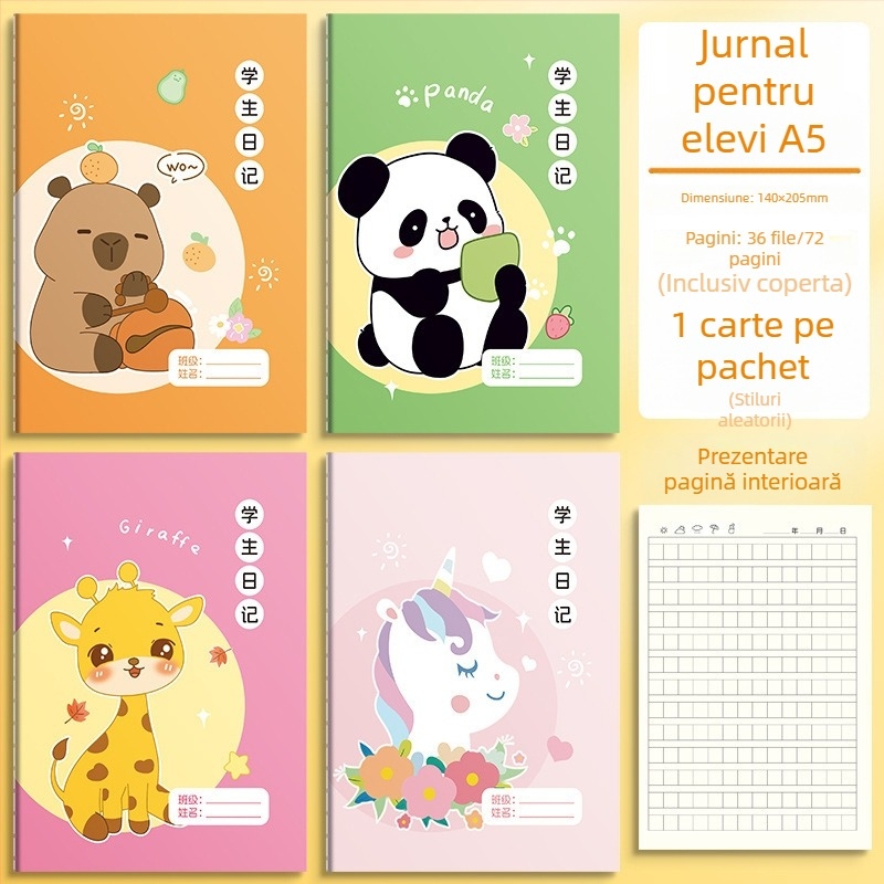 A5 caiet pentru elevi din învățământul primar, cu Pinyin, desene animate, pagini pătrate groase