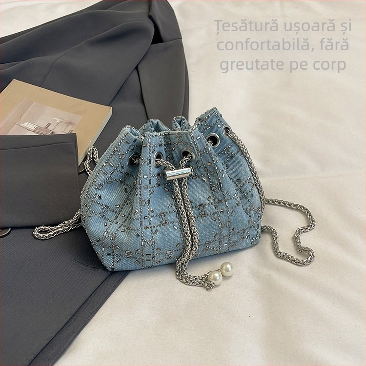 Geantă bucket din denim pentru femei, cu lanț, elegantă și luxoasă, purtare zilnică, vară 2025