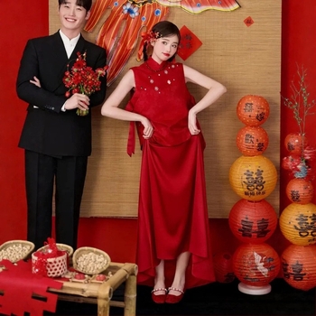 Rochie de logodnă pentru toast, stil chinezesc, Qi Pao roșu, set, pentru persoane mici, lungime medie, vară