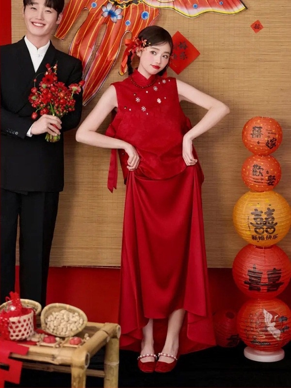 Rochie de logodnă pentru toast, stil chinezesc, Qi Pao roșu, set, pentru persoane mici, lungime medie, vară