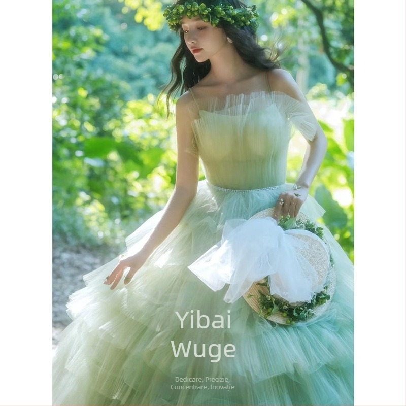 Rochie tutu din tul colorat, inspirată de pădure – pentru ședințe foto în studio, rochie de mireasă ușoară pentru cupluri și fotografii de călătorie