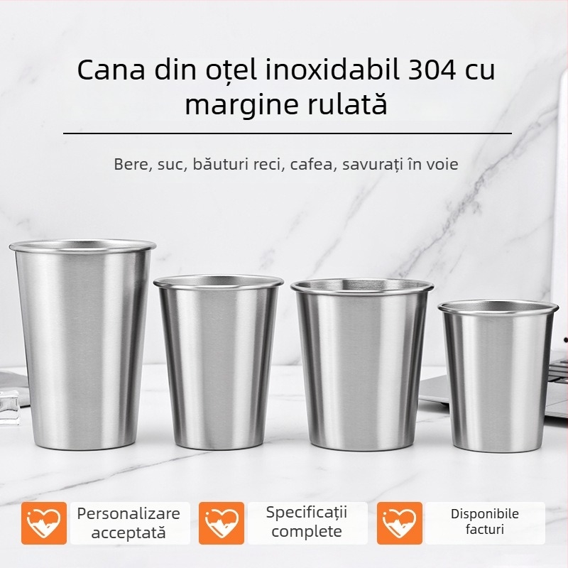 Pahar din oțel inoxidabil 304, margine ondulată, pereți uni, deschidere în partea superioară, pentru băuturi reci, cafea și bere, portabil