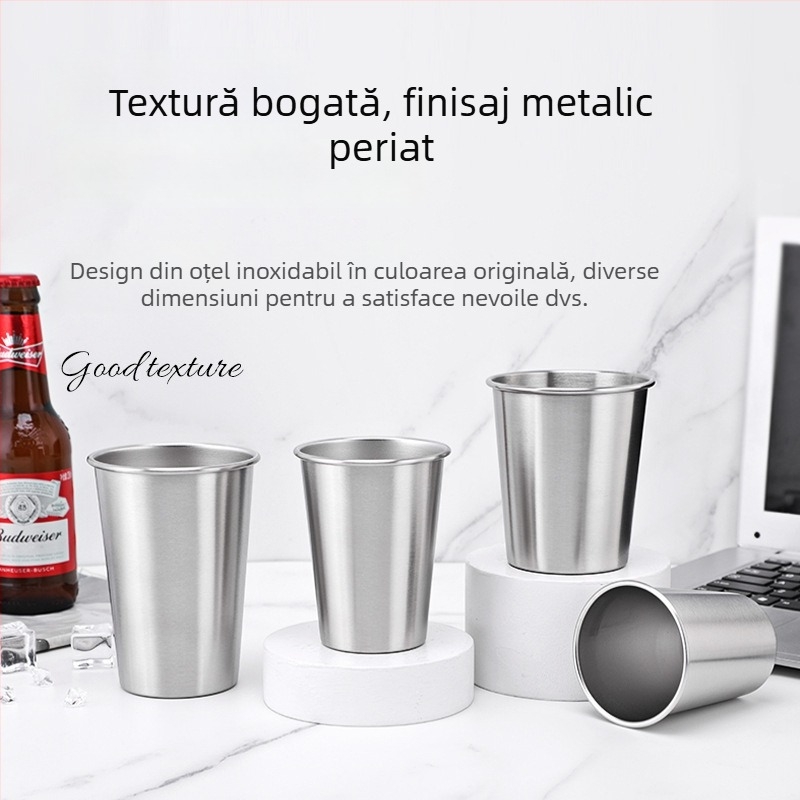 Pahar din oțel inoxidabil 304, margine ondulată, pereți uni, deschidere în partea superioară, pentru băuturi reci, cafea și bere, portabil