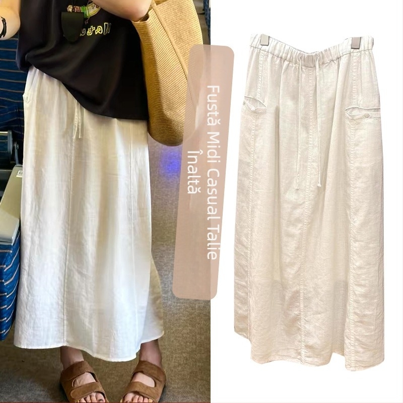 Fustă midi de maternitate din in, culoare solidă, vaporoasă, talie înaltă elegantă, vară casual