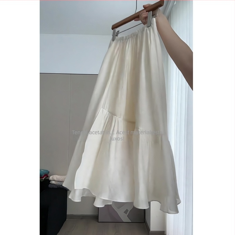 6831 Fustă albă în linie A, midi, talie înaltă, elegantă și cu volum