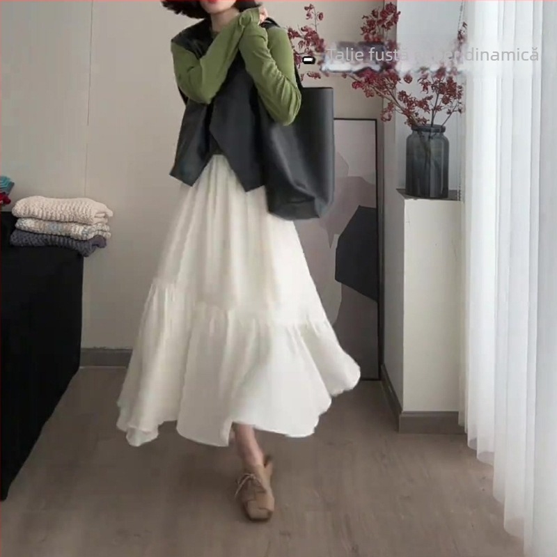 6831 Fustă albă în linie A, midi, talie înaltă, elegantă și cu volum