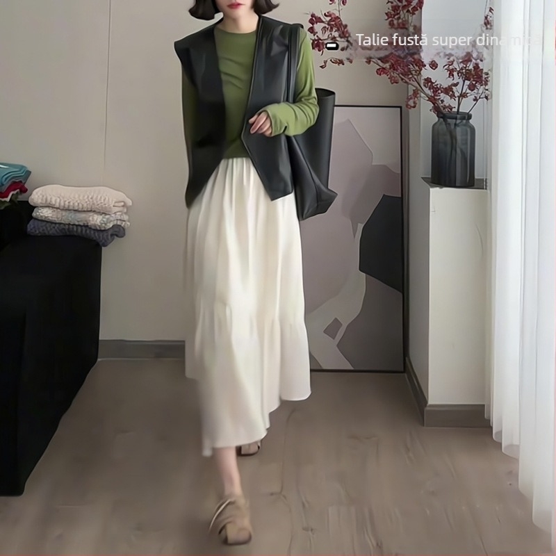 6831 Fustă albă în linie A, midi, talie înaltă, elegantă și cu volum