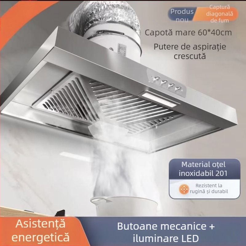 Ventilator de evacuare pentru bucătărie din oțel inox, iluminat, buton cu apăsare, aspirație puternică, potrivit pentru locuințe în chirie, design simplu