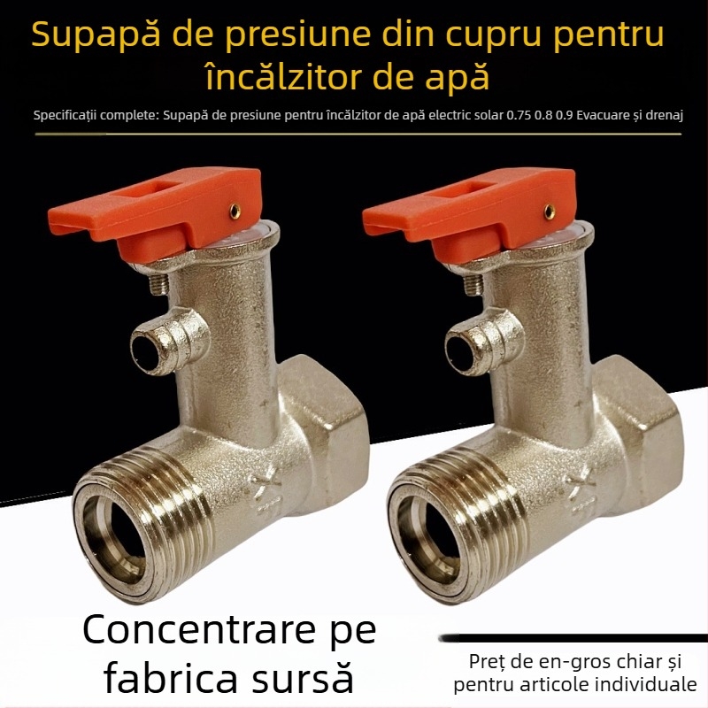 Valvă de siguranță din cupru pentru boiler de apă, racordare 1/2 inch, supapă de eliberare a presiunii și supapă de golire pentru boilere electrice și solare