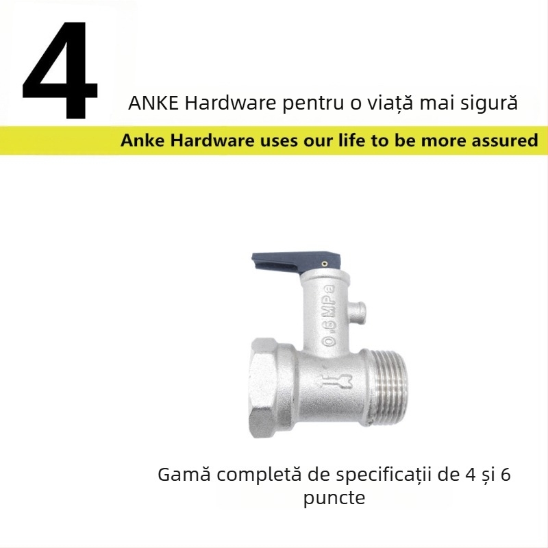 Valvă de siguranță din cupru pentru boiler de apă, racordare 1/2 inch, supapă de eliberare a presiunii și supapă de golire pentru boilere electrice și solare