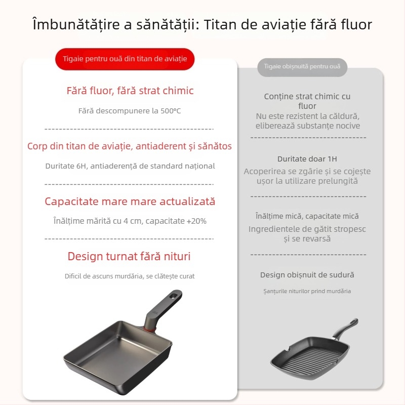 Tigaie Tamagoyaki din titan, îngroșată și lățită, fără fluor, cu fund de trei straturi, compatibilă cu gaz și inducție