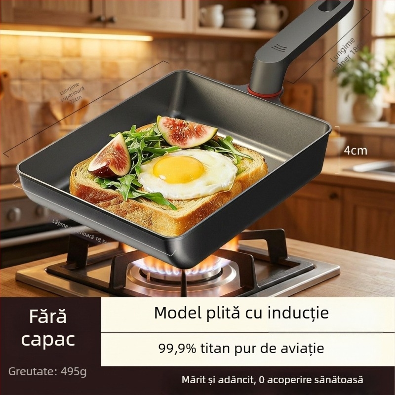 Tigaie Tamagoyaki din titan, îngroșată și lățită, fără fluor, cu fund de trei straturi, compatibilă cu gaz și inducție