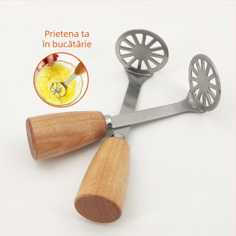 Presă de usturoi cu mâner din lemn și zdrobitor de cartofi din oțel inoxidabil – ustensilă de bucătărie pentru piure de bebeluți, piure de dovleac și cartofi dulci