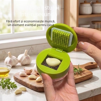 Presă manuală de usturoi cu cutie de depozitare, mini zdrobitor pentru pastă de usturoi și nuci, ustensilă de bucătărie pentru usturoi
