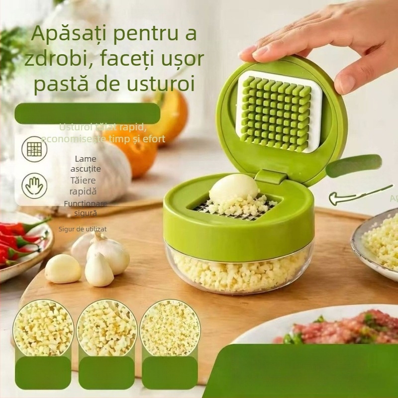 Presă manuală de usturoi cu cutie de depozitare, mini zdrobitor pentru pastă de usturoi și nuci, ustensilă de bucătărie pentru usturoi