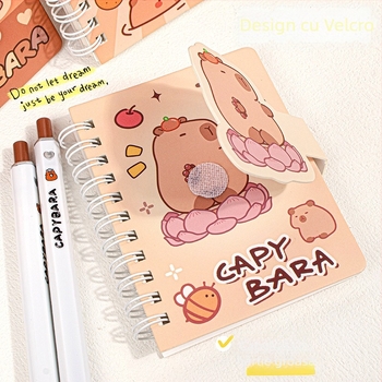 Caiet Capybara A7 cu bandă Velcro și spirală, portabil, 80 de pagini