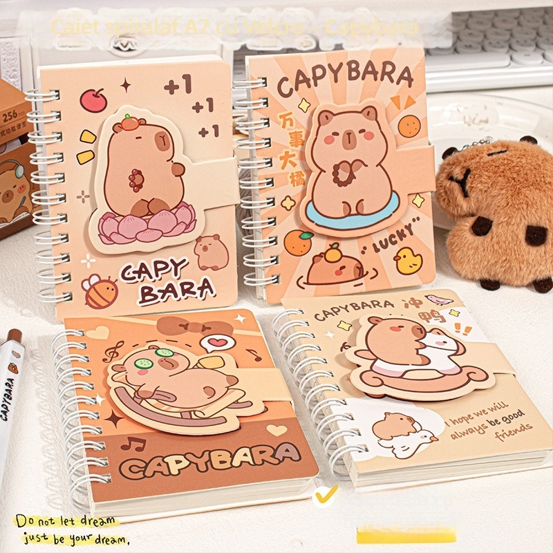 Caiet Capybara A7 cu bandă Velcro și spirală, portabil, 80 de pagini