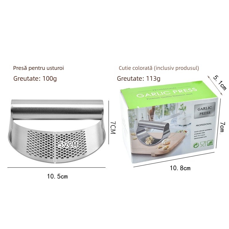 Set pentru usturoi din oțel inoxidabil 430, cu presă de usturoi, curățător circular manual și zdrobitor de usturoi