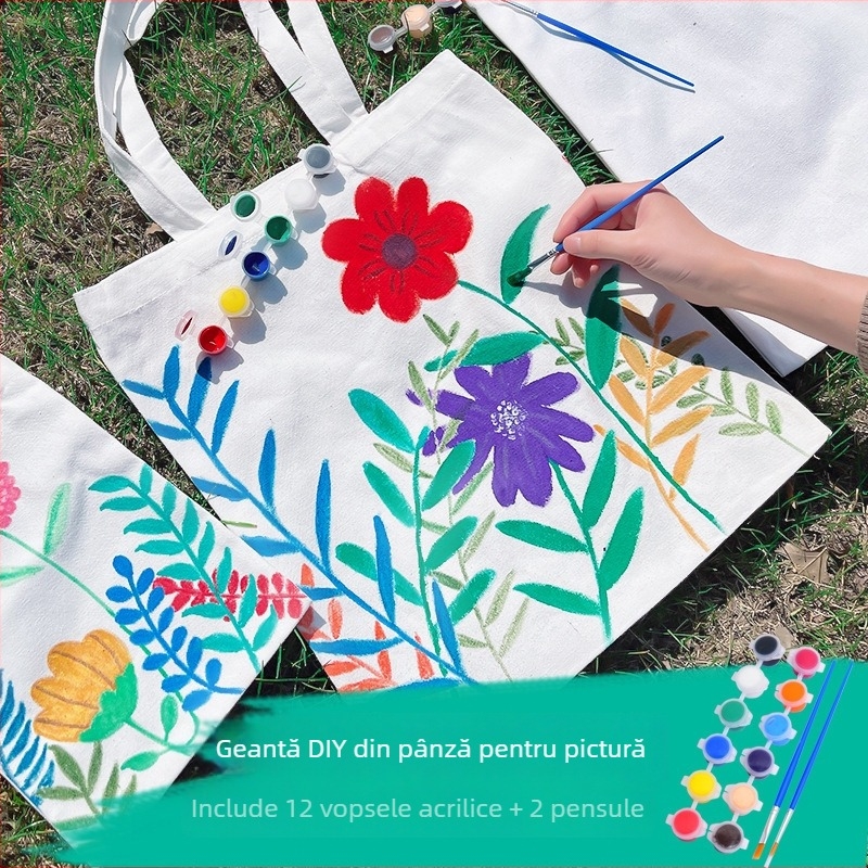 Geantă de pânză goală pentru graffiti — kit DIY pentru copii, capacitate mare, geantă de cumpărături ecologică.