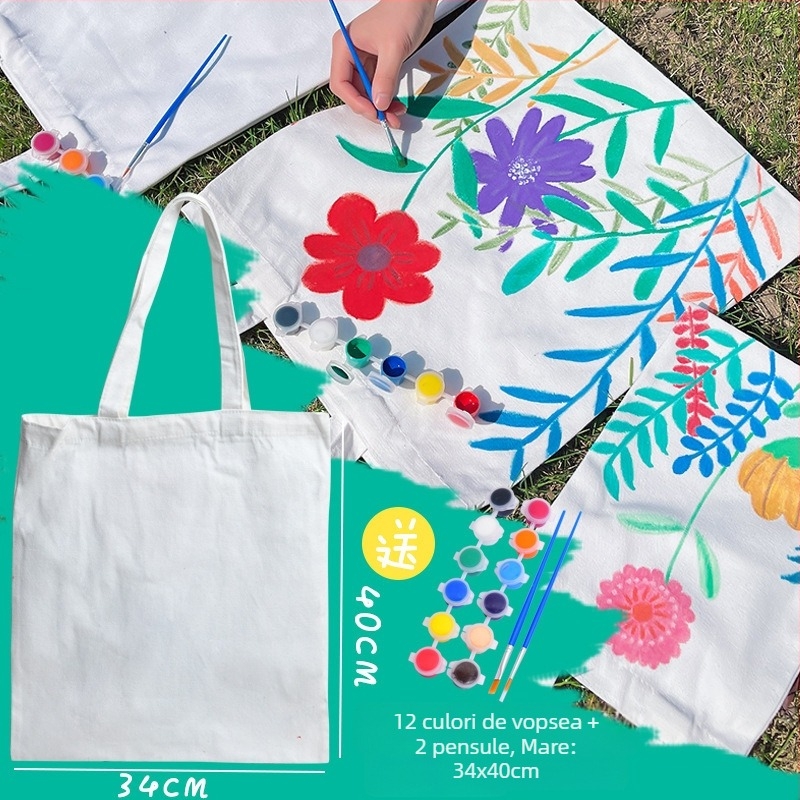 Geantă de pânză goală pentru graffiti — kit DIY pentru copii, capacitate mare, geantă de cumpărături ecologică.