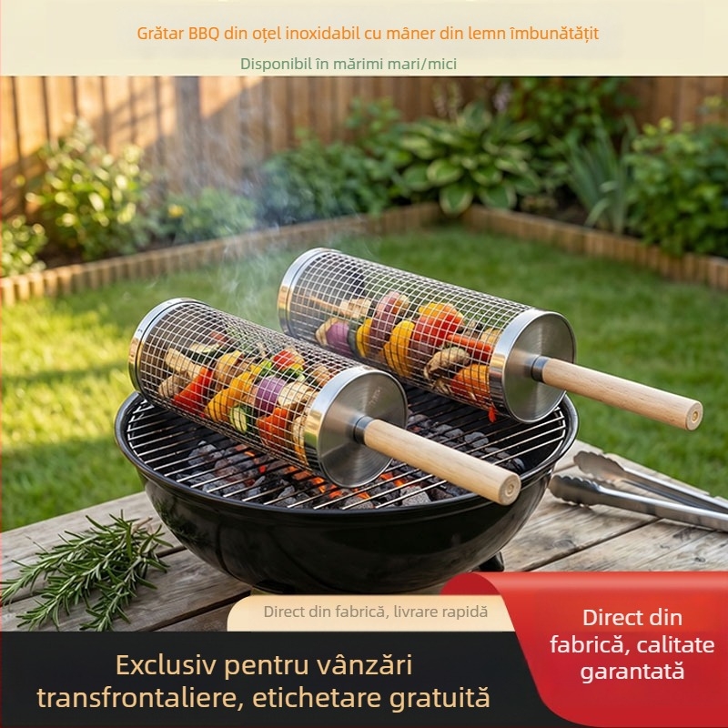 Cușcă rotundă din oțel inoxidabil, portabilă, cu plasă rotativă pentru grătar în aer liber