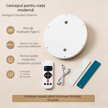 Lumină de tavan cu USB reîncărcabilă, monocromă, cu temporizator și senzor de mișcare, pentru bucătărie, cămin, hol și balcon – iluminare de urgență