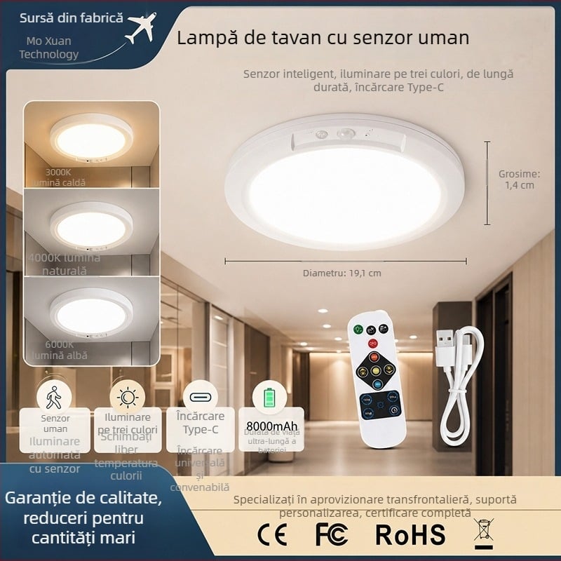 Lumină de tavan cu USB reîncărcabilă, monocromă, cu temporizator și senzor de mișcare, pentru bucătărie, cămin, hol și balcon – iluminare de urgență
