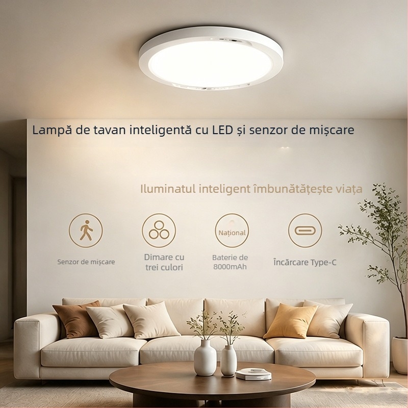 Lumină de tavan cu USB reîncărcabilă, monocromă, cu temporizator și senzor de mișcare, pentru bucătărie, cămin, hol și balcon – iluminare de urgență
