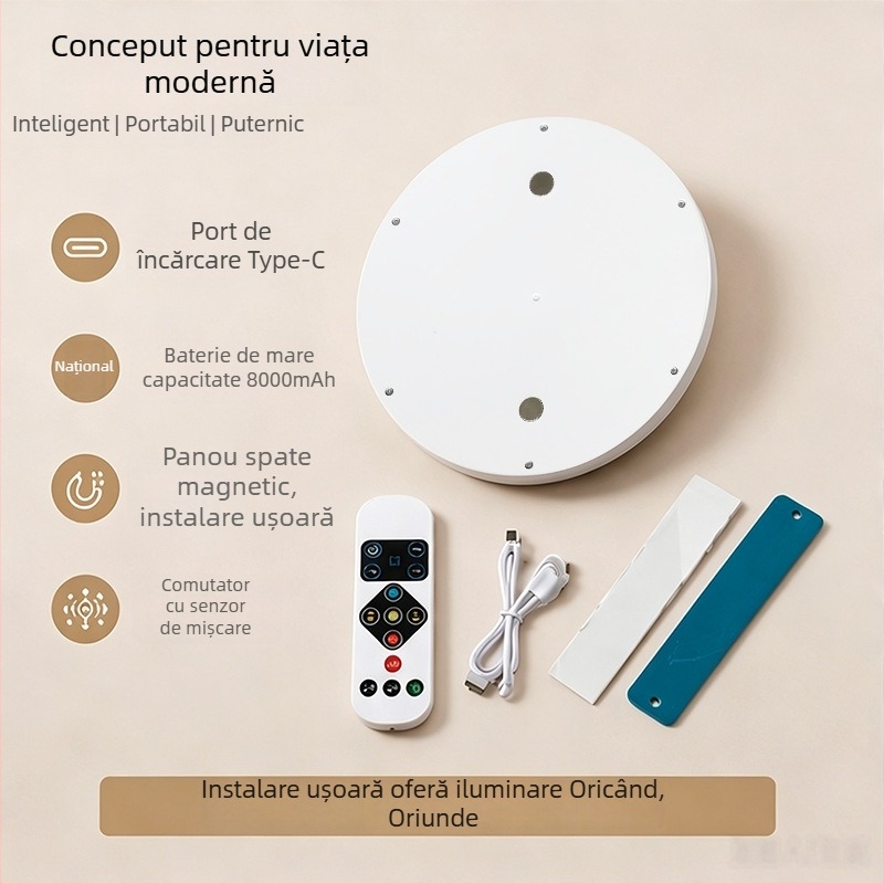 Lumină de tavan cu USB reîncărcabilă, monocromă, cu temporizator și senzor de mișcare, pentru bucătărie, cămin, hol și balcon – iluminare de urgență