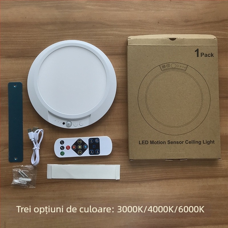 Lumină de tavan cu USB reîncărcabilă, monocromă, cu temporizator și senzor de mișcare, pentru bucătărie, cămin, hol și balcon – iluminare de urgență