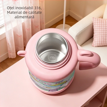 Termos drăguț și haios cu mâner, design de desene animate, interior din oțel inoxidabil 316, exterior din inox 201, sticlă de apă izolată portabilă pentru copii