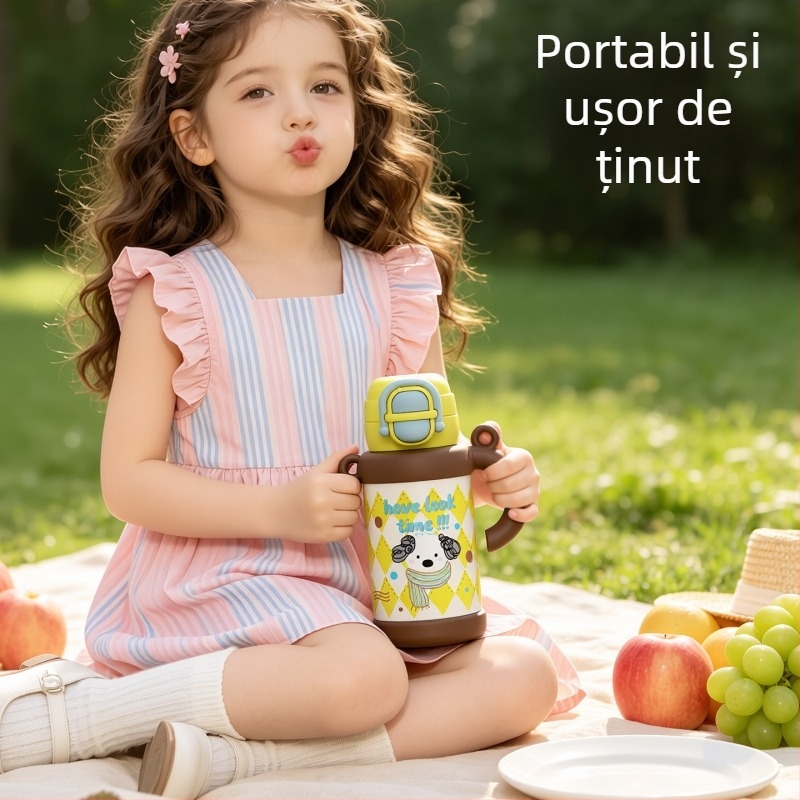 Termos drăguț și haios cu mâner, design de desene animate, interior din oțel inoxidabil 316, exterior din inox 201, sticlă de apă izolată portabilă pentru copii