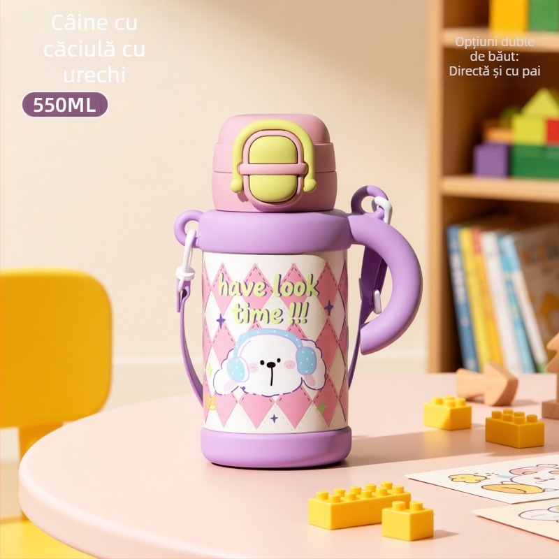 Termos drăguț și haios cu mâner, design de desene animate, interior din oțel inoxidabil 316, exterior din inox 201, sticlă de apă izolată portabilă pentru copii