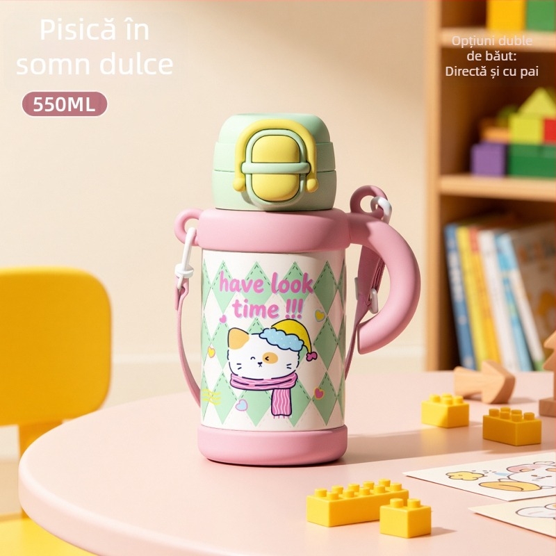 Termos drăguț și haios cu mâner, design de desene animate, interior din oțel inoxidabil 316, exterior din inox 201, sticlă de apă izolată portabilă pentru copii