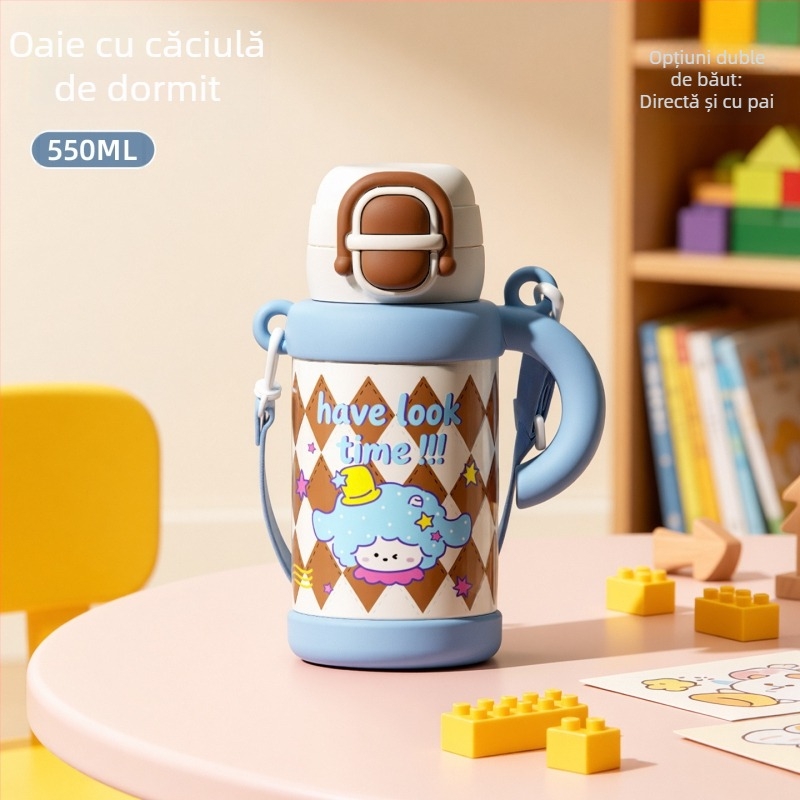 Termos drăguț și haios cu mâner, design de desene animate, interior din oțel inoxidabil 316, exterior din inox 201, sticlă de apă izolată portabilă pentru copii
