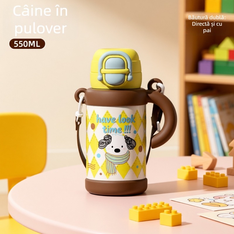 Termos drăguț și haios cu mâner, design de desene animate, interior din oțel inoxidabil 316, exterior din inox 201, sticlă de apă izolată portabilă pentru copii