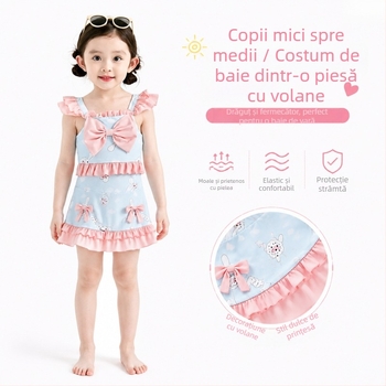 Costum de baie pentru fete, două piese, cu imprimare iepuraș în buline, funda, mâneci volanate și fustă cu volane