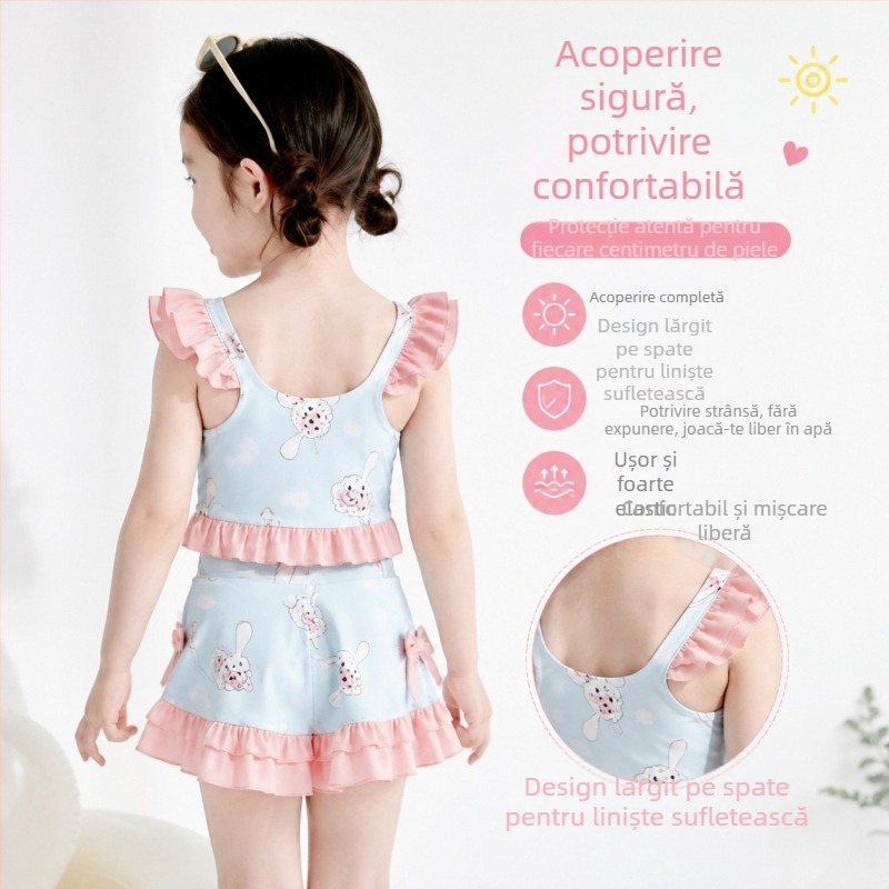 Costum de baie pentru fete, două piese, cu imprimare iepuraș în buline, funda, mâneci volanate și fustă cu volane