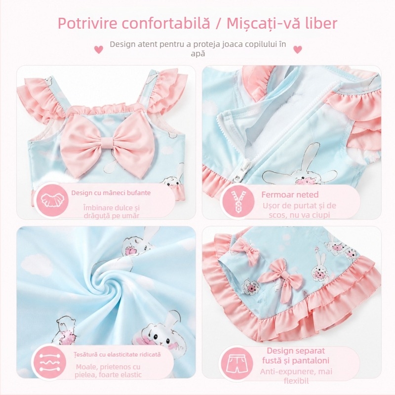 Costum de baie pentru fete, două piese, cu imprimare iepuraș în buline, funda, mâneci volanate și fustă cu volane