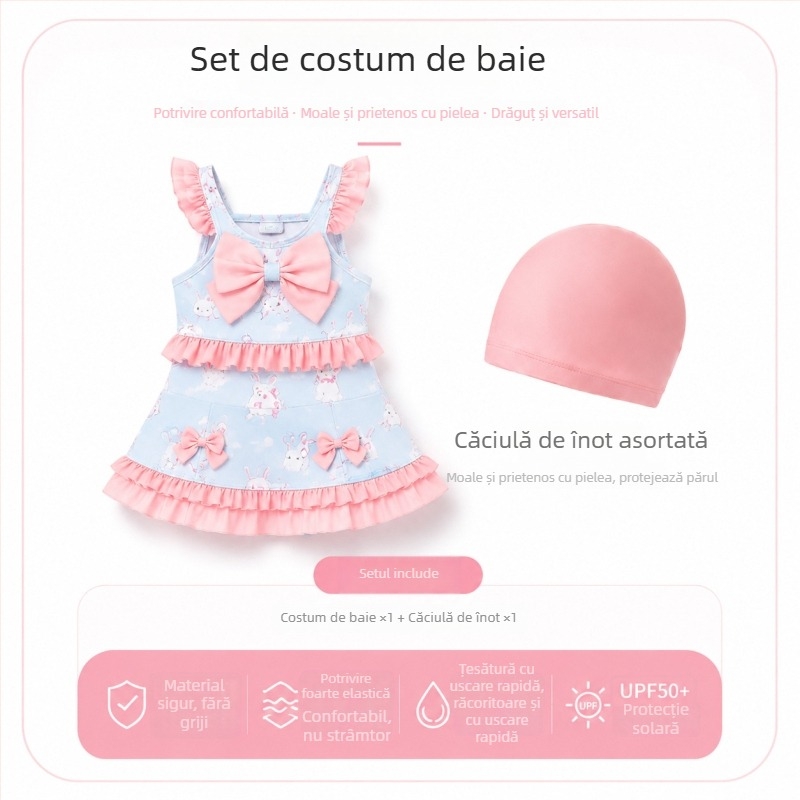 Costum de baie pentru fete, două piese, cu imprimare iepuraș în buline, funda, mâneci volanate și fustă cu volane